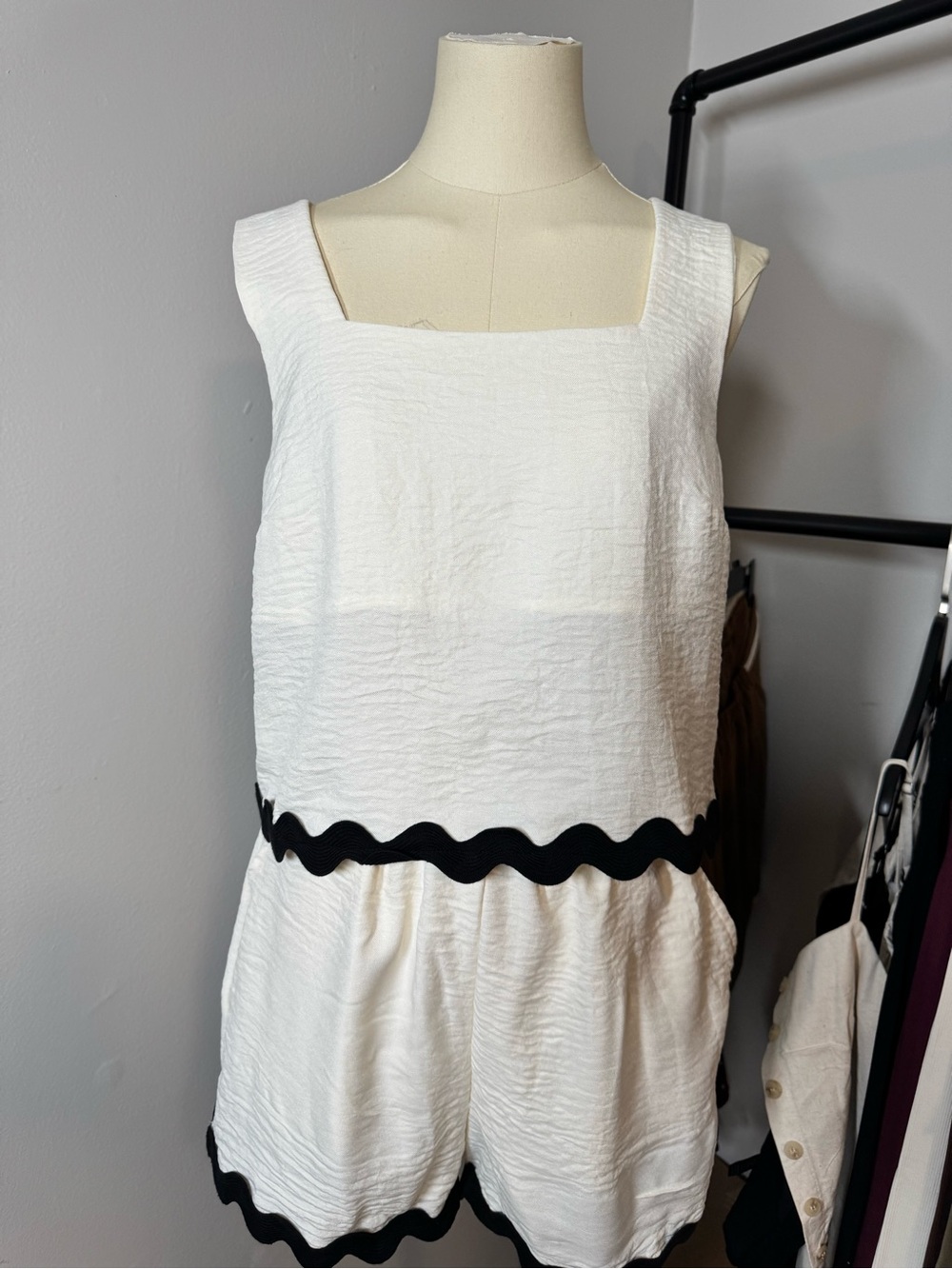 Blu Pepper White Sleeveless Romper with Black Scalloped Trim